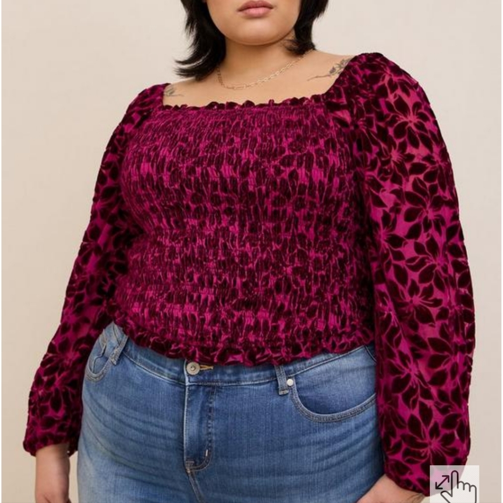 Torrid Size 1 1X Velvet Smocked Blouson Sleeve Crop Top NWT
